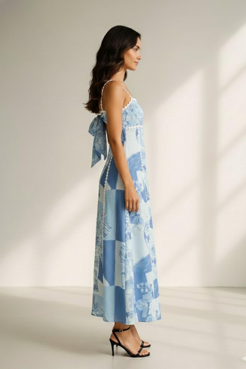 Blaues Patchwork-Maxikleid für Damen