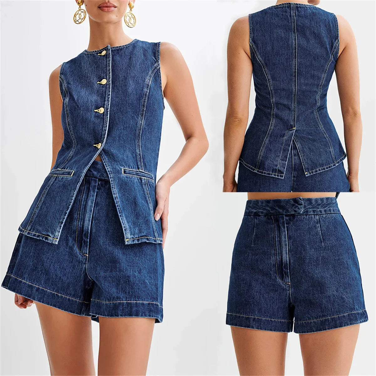 Stacy Lässiges Damen Set – Ärmeloses Oberteil mit Knopfdesign und Shorts aus strapazierfähigem Denim, Pflegeleicht und Bequem 5