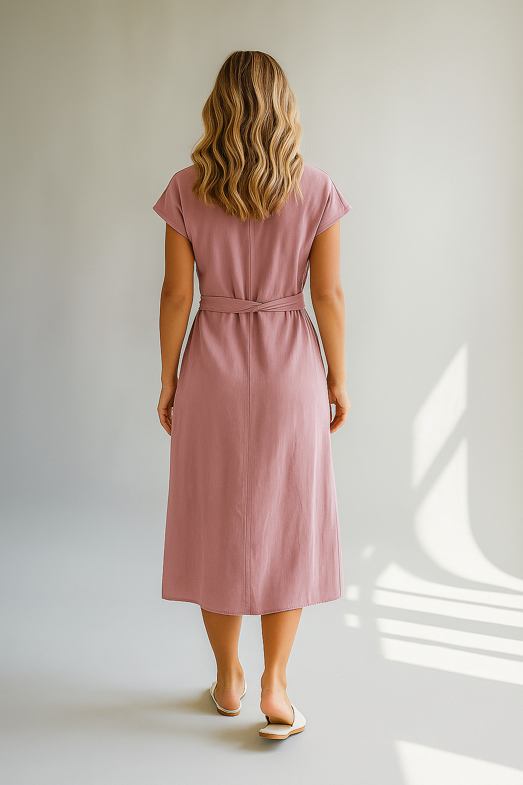 Rosafarbenes Midikleid mit V-Ausschnitt und Bindegürtel