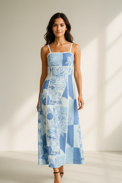 Blaues Patchwork-Maxikleid für Damen