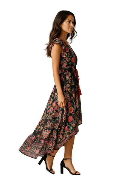 Schwarzes Boho-Chic-Blumenkleid für Damen