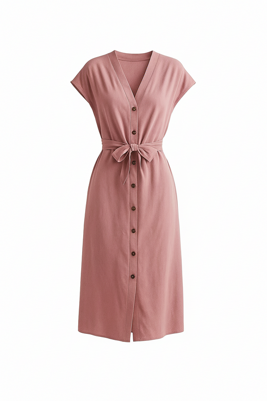 Rosafarbenes Midikleid mit V-Ausschnitt und Bindegürtel