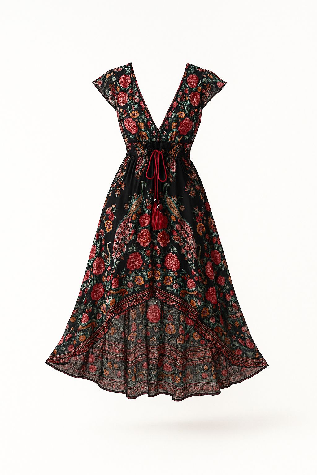 Schwarzes Boho-Chic-Blumenkleid für Damen