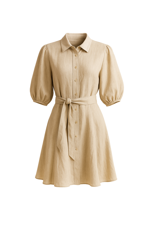 Beiges Hemdblusenkleid mit halblangen Ärmeln und Bindegürtel
