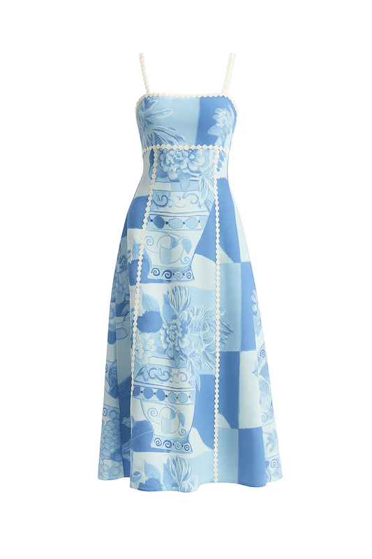 Blaues Patchwork-Maxikleid für Damen