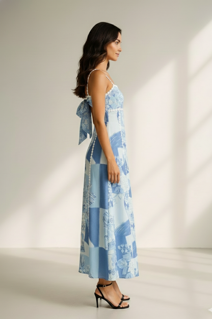 Blaues Patchwork-Maxikleid für Damen