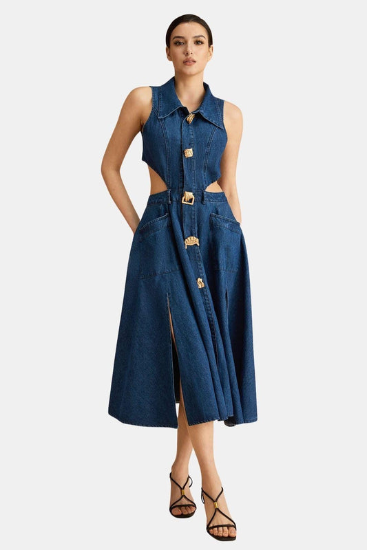 Ärmelloses Denim Midikleid mit Cut-Out-Detail und Knopfausschnitt – Elegantes Kleid für Damen, Taillierte Passform, 100% Baumwolle 1