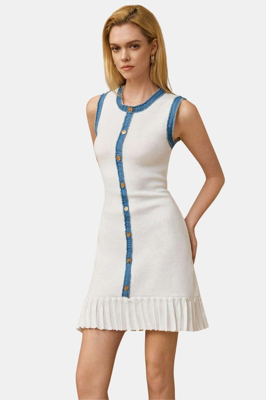 Ärmelloses Patchwork-Damenkleid mit Metallknöpfen – Taillierte Silhouette aus hochwertiger Polyester-Mischung 1