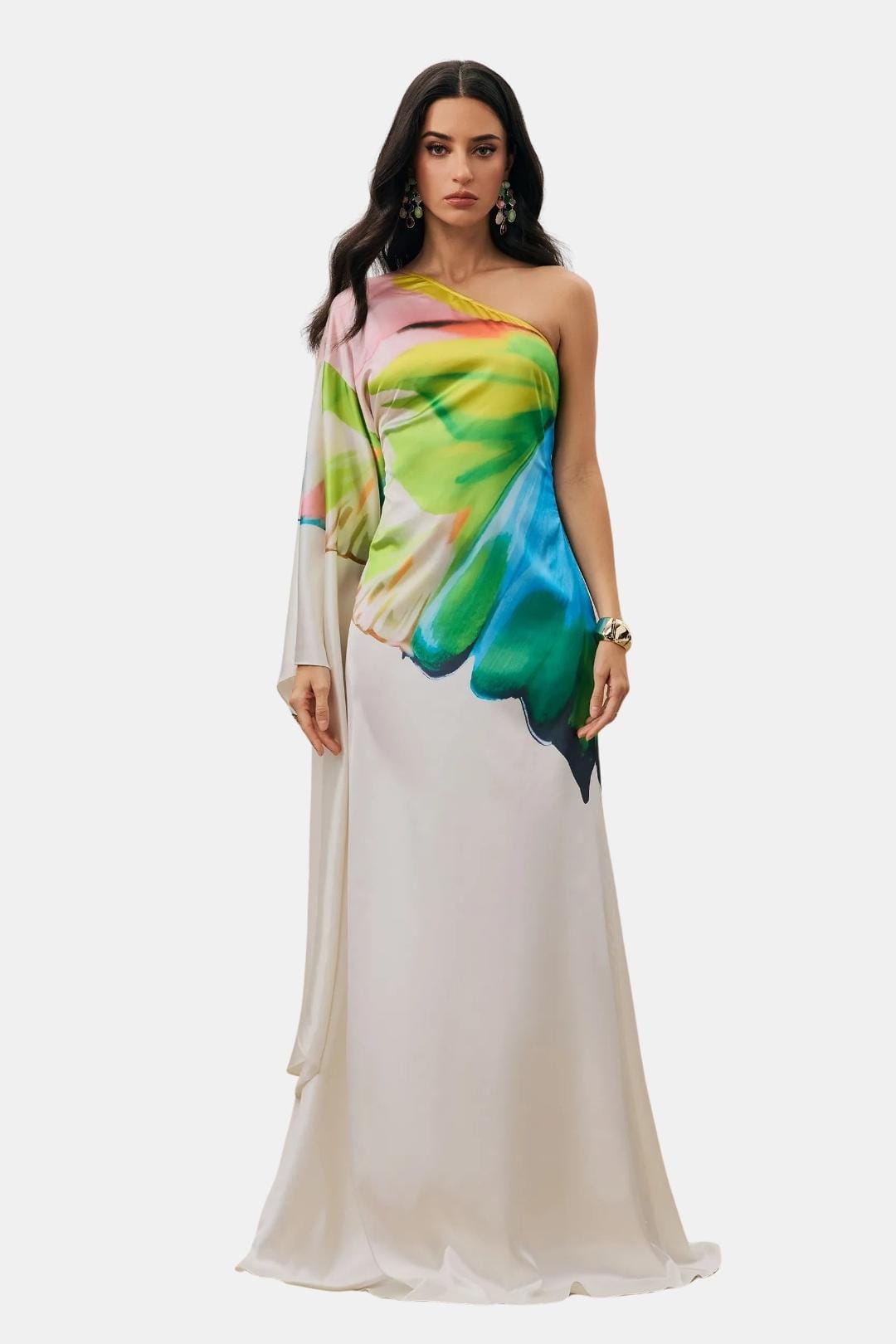 Asymmetrisches Maxikleid mit farbigem Print