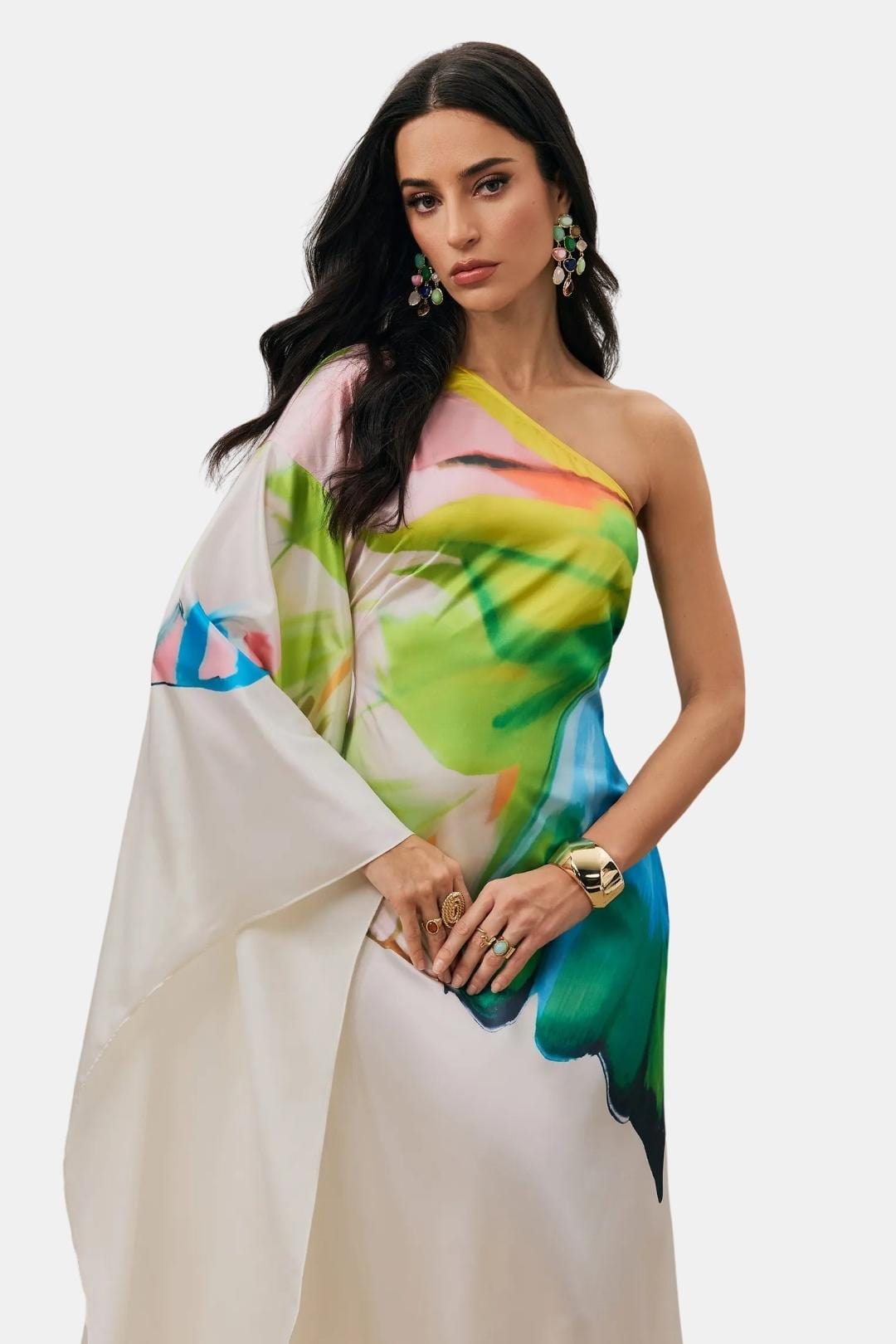 Asymmetrisches Maxikleid mit farbigem Print