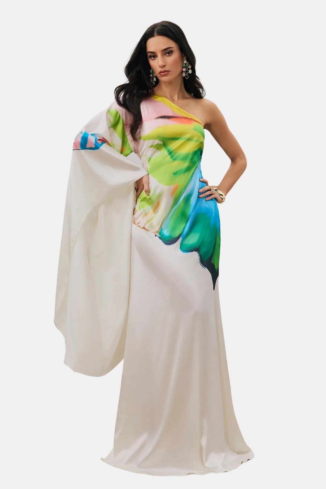 Asymmetrisches Maxikleid mit farbigem Print