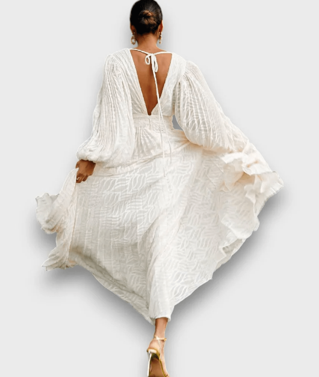 Langes Kleid mit Ballonärmeln in Cremeton