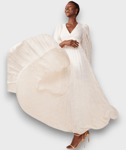 Langes Kleid mit Ballonärmeln in Cremeton