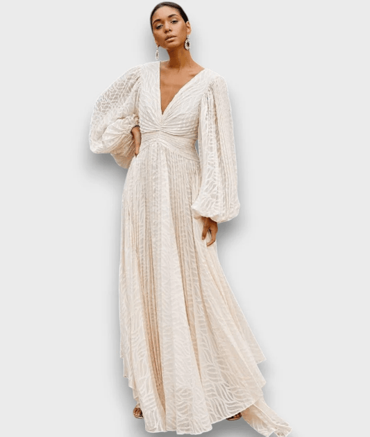 Langes Kleid mit Ballonärmeln in Cremeton