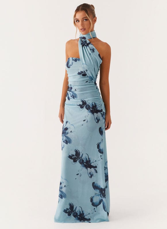 Maxikleid mit asymmetrischem Halsausschnitt und Blumenprint