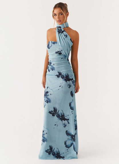 Maxikleid mit asymmetrischem Halsausschnitt und Blumenprint