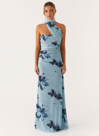 Maxikleid mit asymmetrischem Halsausschnitt und Blumenprint
