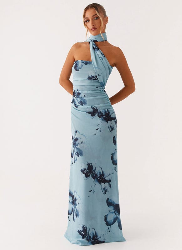 Maxikleid mit asymmetrischem Halsausschnitt und Blumenprint