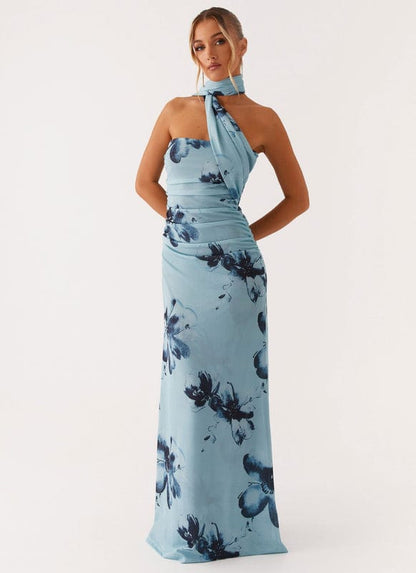 Maxikleid mit asymmetrischem Halsausschnitt und Blumenprint