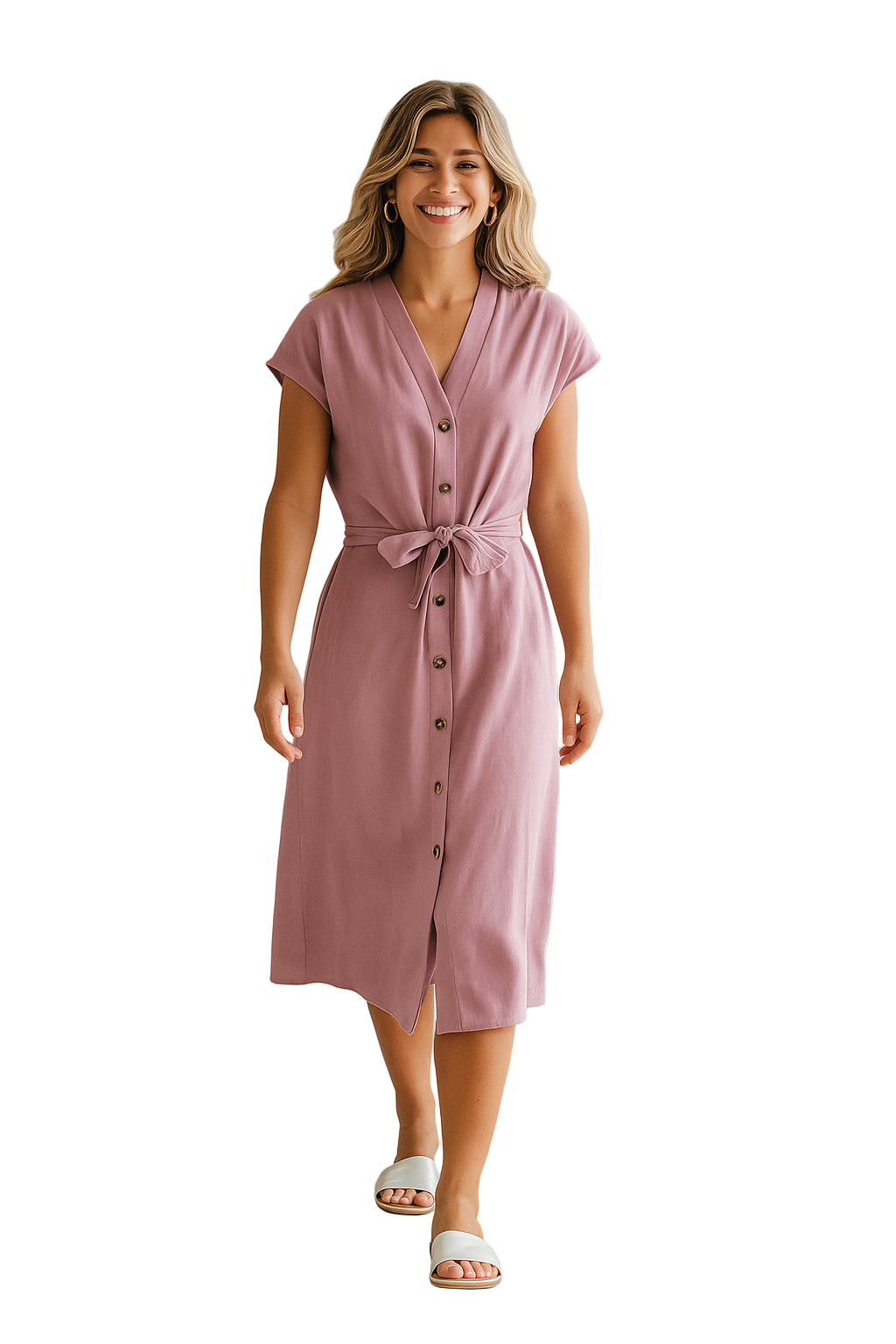 Midikleid mit Knopfleiste und Bindegürtel