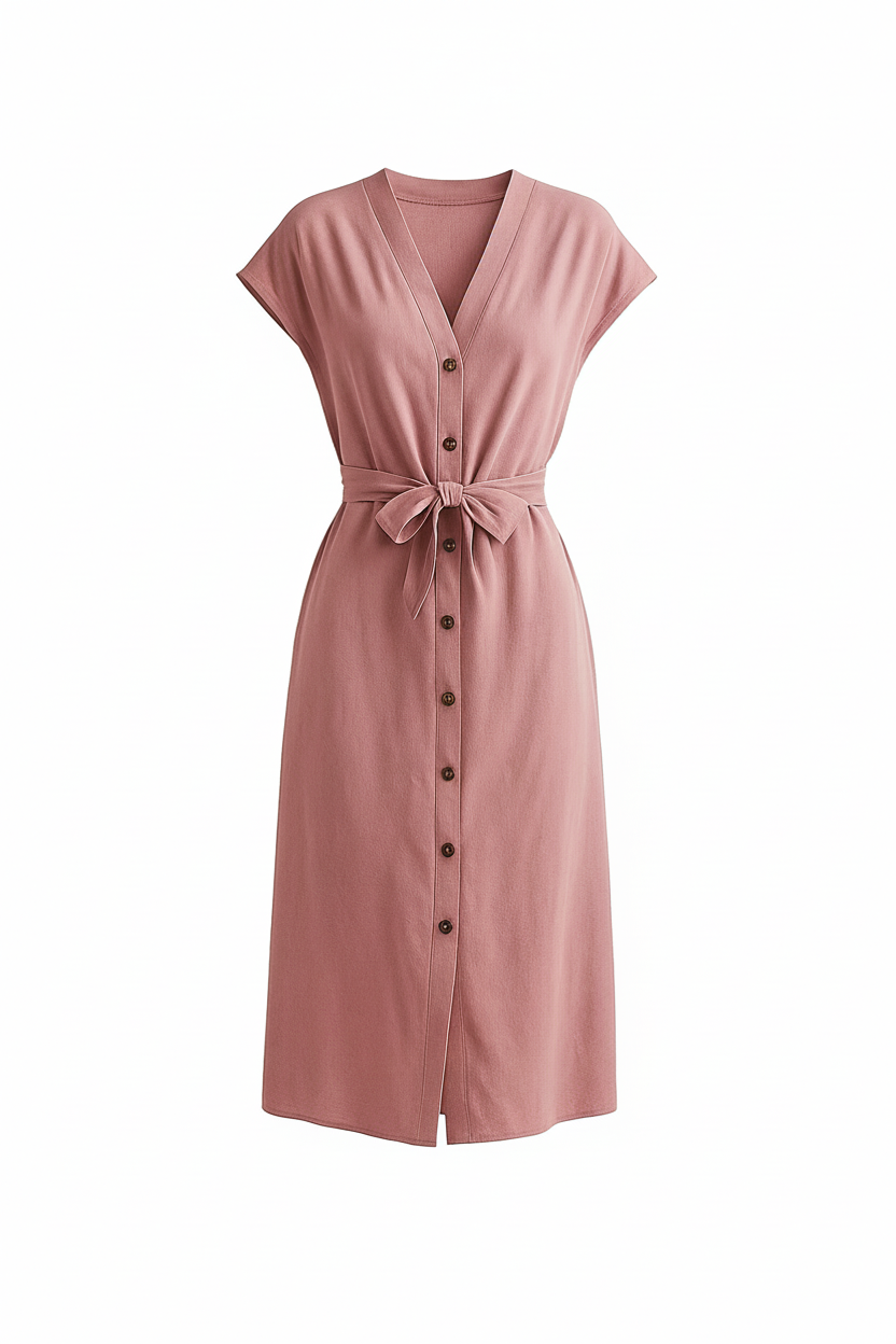 Midikleid mit Knopfleiste und Bindegürtel