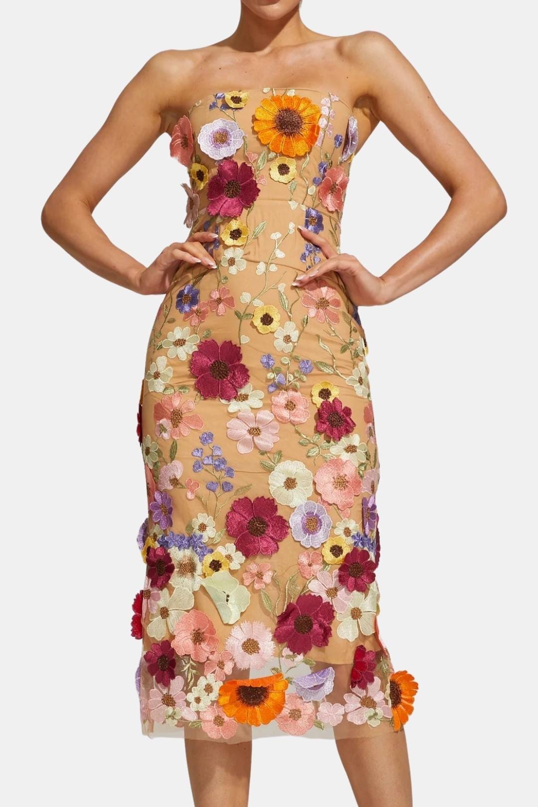 Schulterfreies Midikleid mit Blumendetails