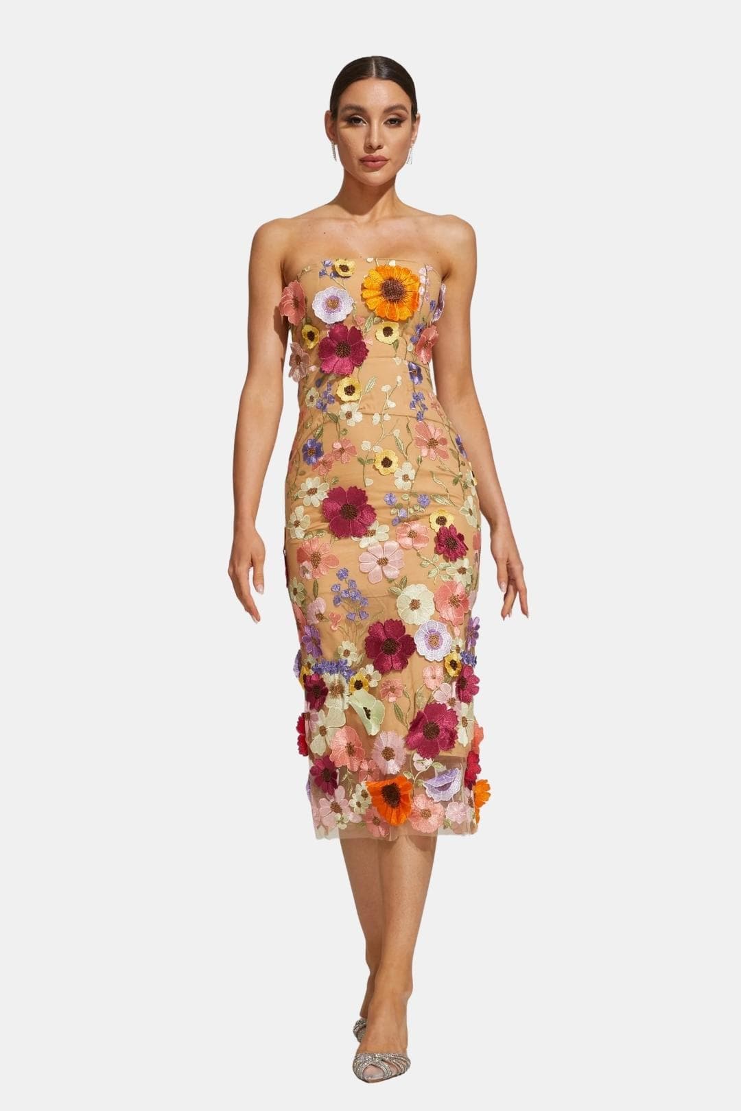 Schulterfreies Midikleid mit Blumendetails