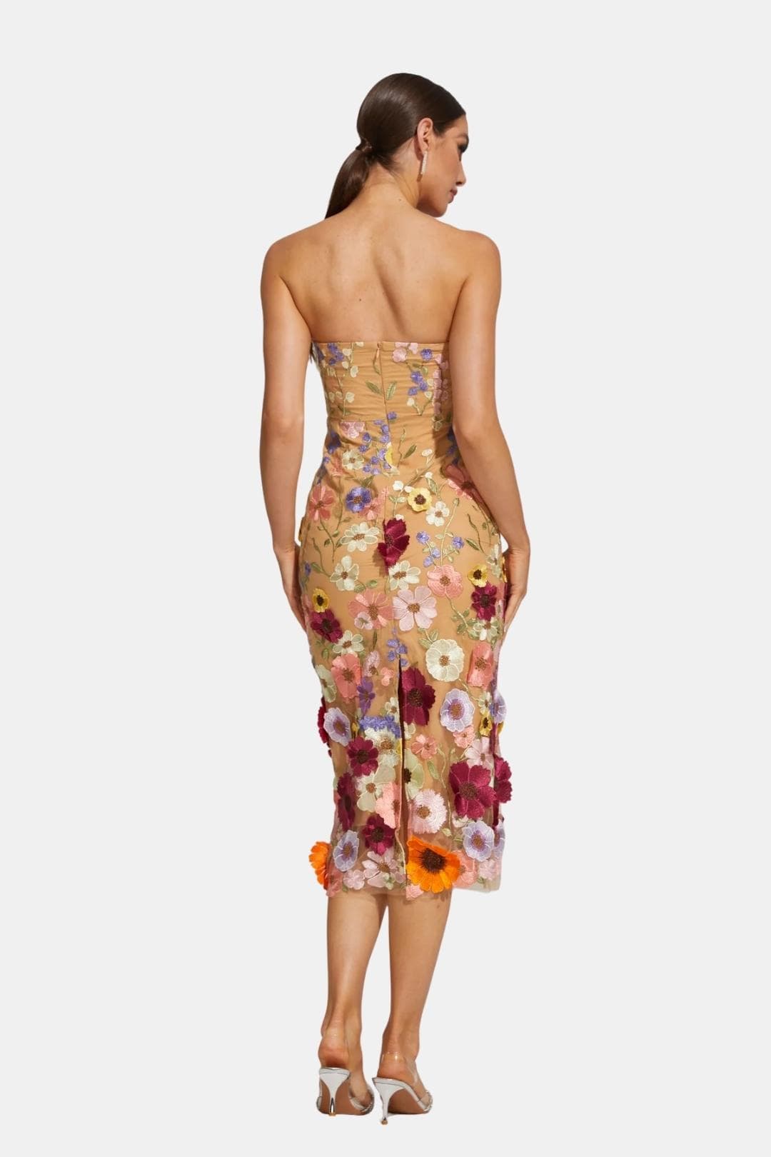 Schulterfreies Midikleid mit Blumendetails