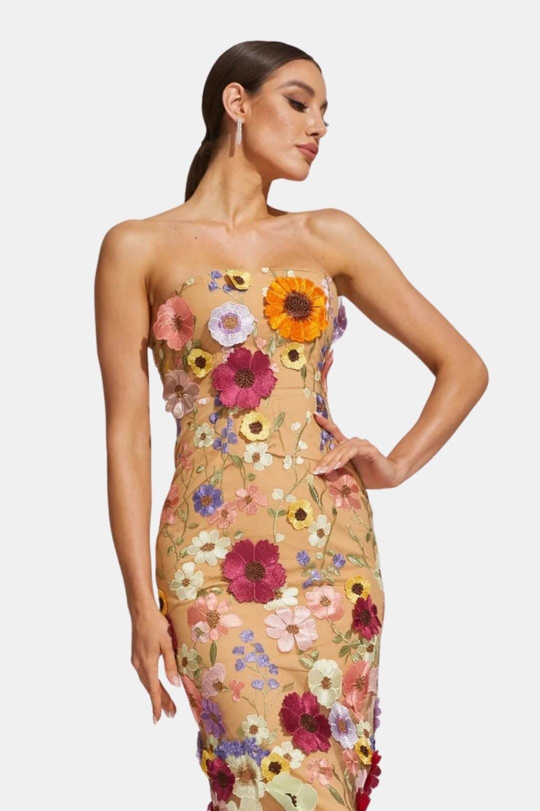 Schulterfreies Midikleid mit Blumendetails