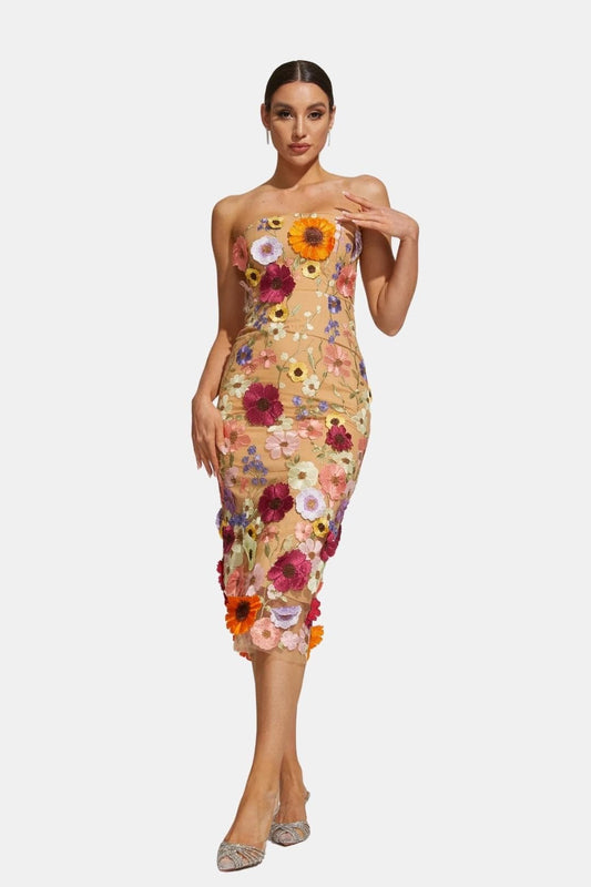 Schulterfreies Midikleid mit Blumendetails