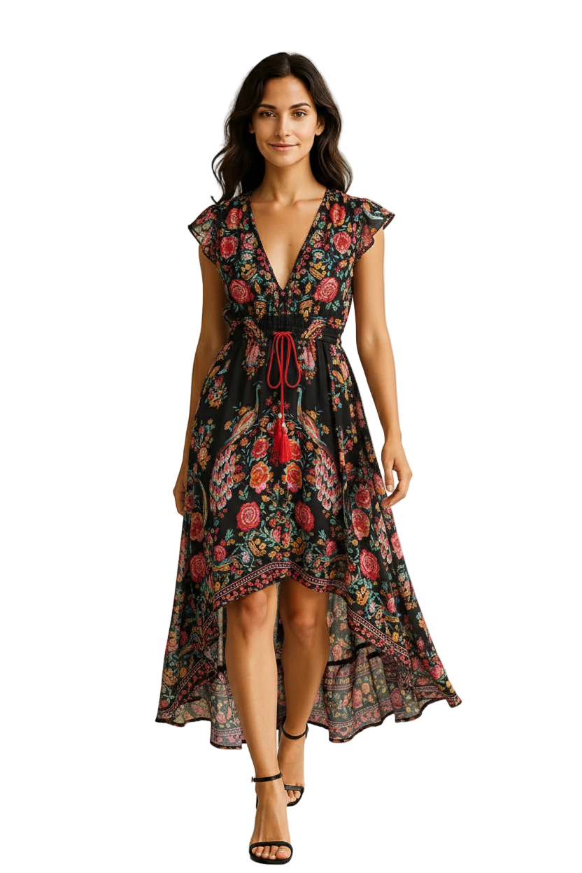 Sommerkleid mit Blumenmuster und asymmetrischem Saum