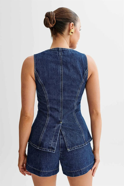 Stacy Lässiges Damen Set – Ärmeloses Oberteil mit Knopfdesign und Shorts aus strapazierfähigem Denim, Pflegeleicht und Bequem 1