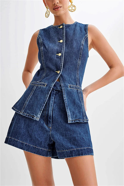 Stacy Lässiges Damen Set – Ärmeloses Oberteil mit Knopfdesign und Shorts aus strapazierfähigem Denim, Pflegeleicht und Bequem 4