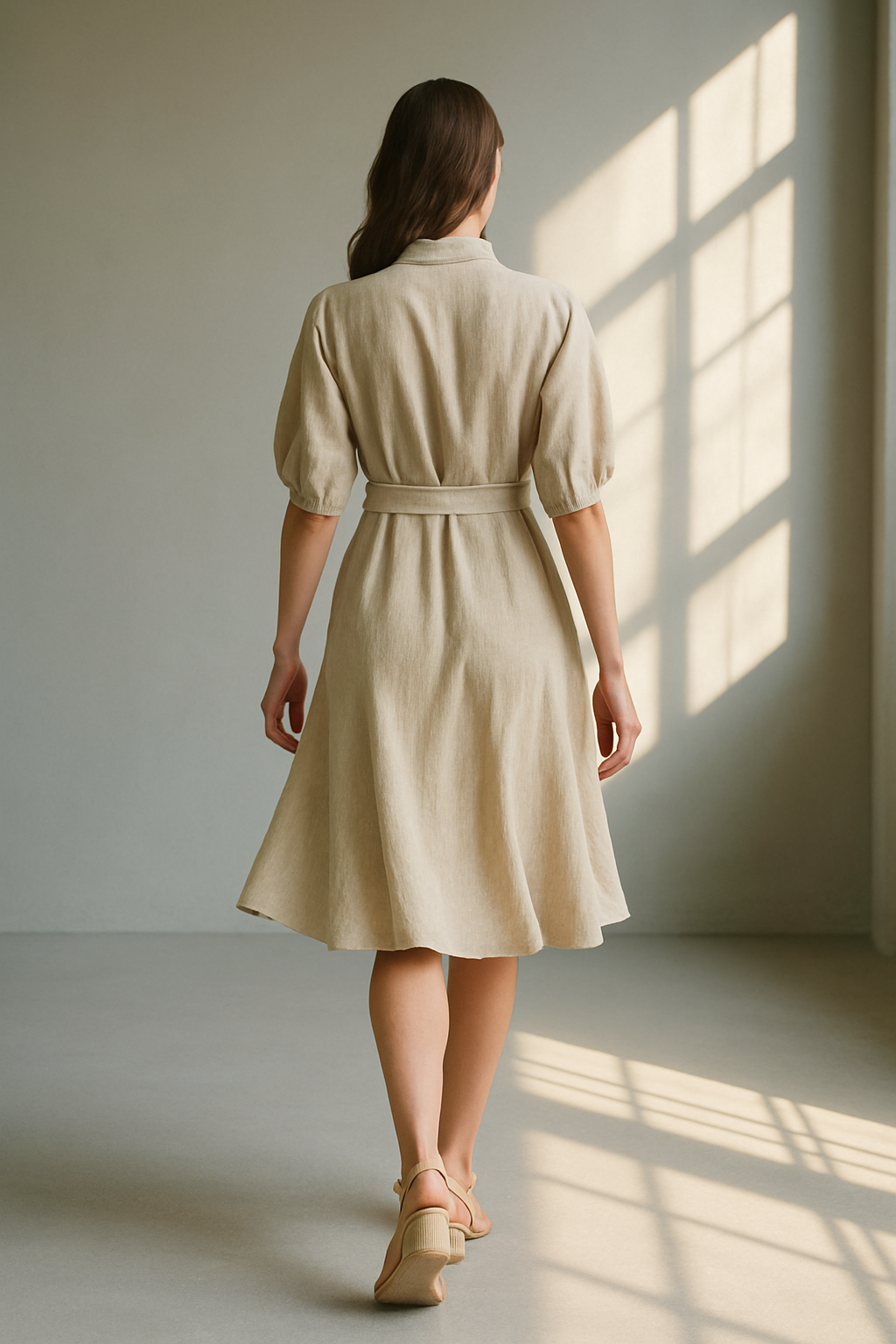 Beiges Hemdblusenkleid mit halblangen Ärmeln und Bindegürtel