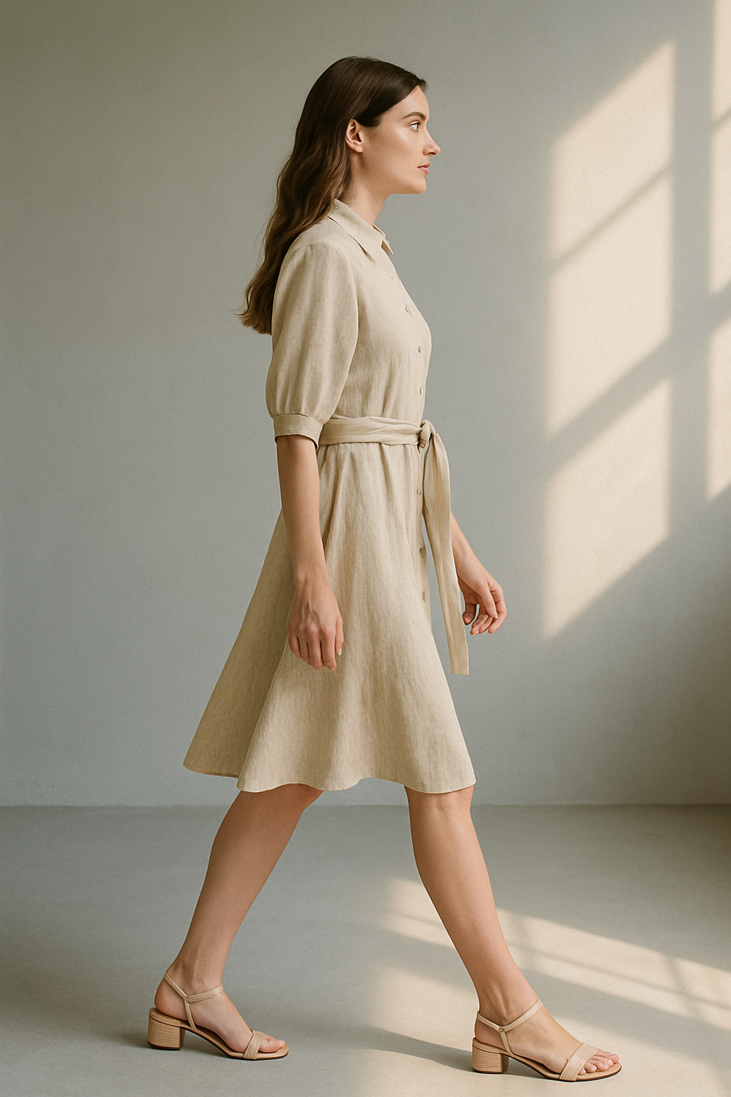Beiges Hemdblusenkleid mit halblangen Ärmeln und Bindegürtel