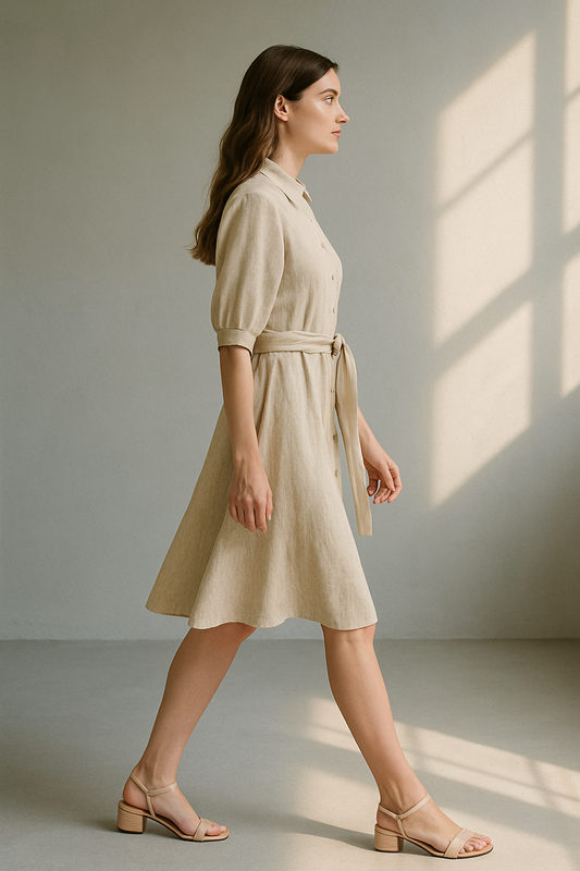 Beiges Hemdblusenkleid mit halblangen Ärmeln und Bindegürtel