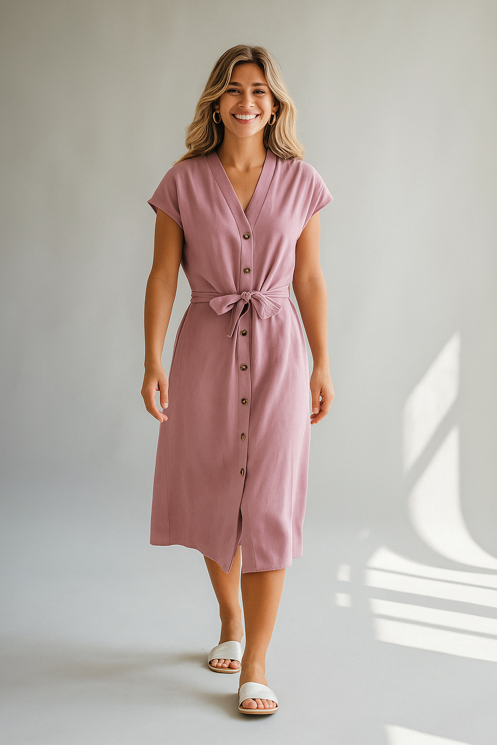Rosafarbenes Midikleid mit V-Ausschnitt und Bindegürtel