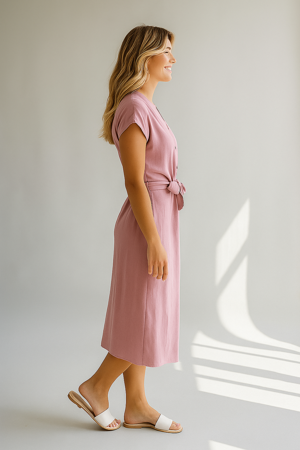 Rosafarbenes Midikleid mit V-Ausschnitt und Bindegürtel