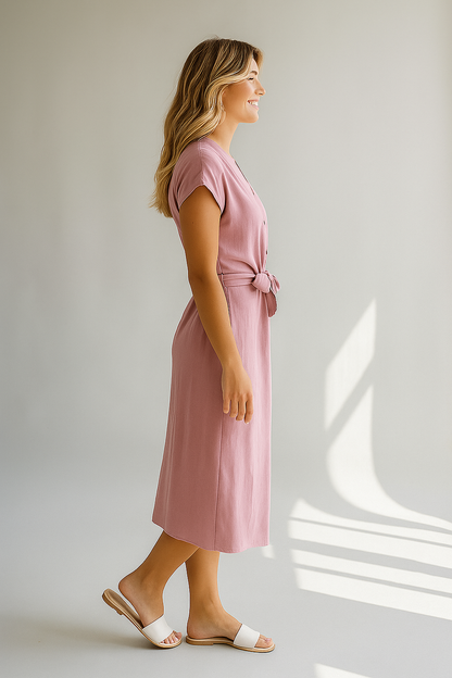 Rosafarbenes Midikleid mit V-Ausschnitt und Bindegürtel