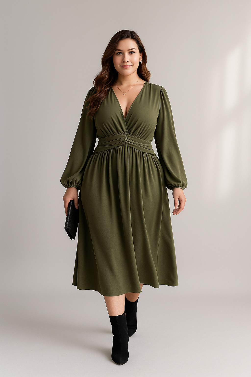 Olivgrünes Midikleid mit V-Ausschnitt und langen Ärmeln