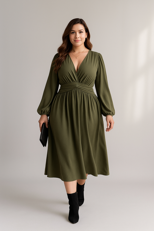 Olivgrünes Midikleid mit V-Ausschnitt und langen Ärmeln