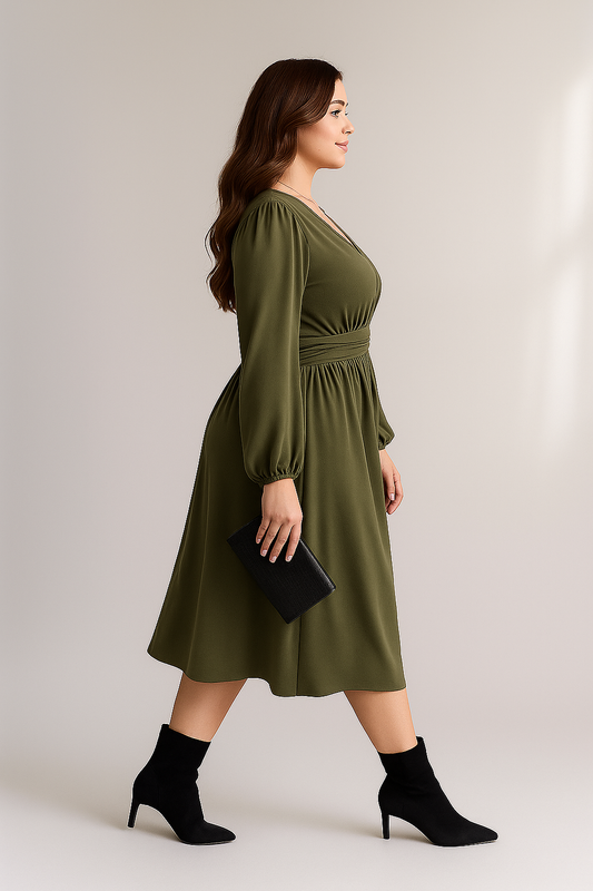 Olivgrünes Midikleid mit V-Ausschnitt und langen Ärmeln